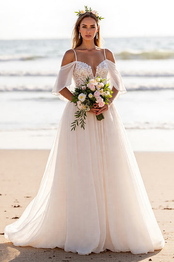 Cold Shoulder White A Line Wedding Dress with Appliques